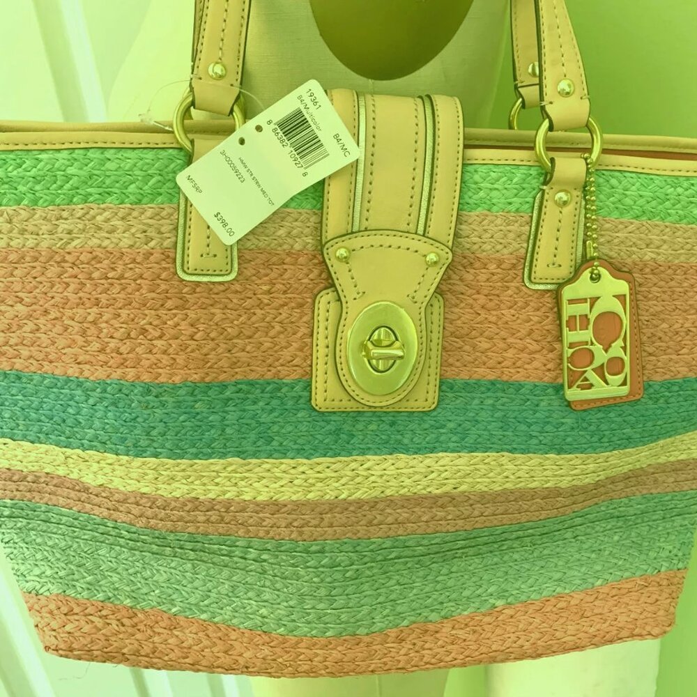 Coach NWT Natural Straw Woven Tote Bag Multicolor Stripe Leather Trim Pink